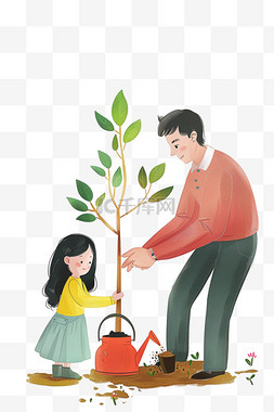 红色植树节图片_卡通手绘植树节可爱孩子植树元素
