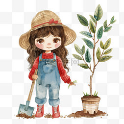 红色植树节图片_植树节手绘可爱女孩植树卡通元素