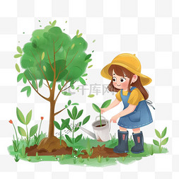 植树节背景图片_植树节女孩卡通植树手绘元素