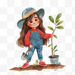 红色植树节图片_可爱女孩植树植树节卡通手绘元素