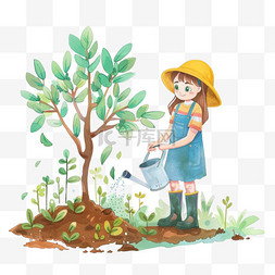 绿色小树背景图片_手绘植树节女孩植树卡通元素