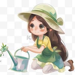 围裙帽子图片_可爱女孩浇水种树手绘卡通元素