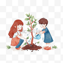 手绘植树节孩子植树简约元素