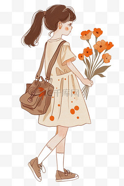 一束橙色花图片_女人拿着鲜花卡通手绘元素妇女节