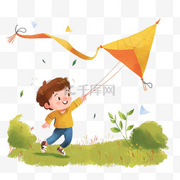 穿着黄色的短袖图片_春天男孩放风筝手绘元素