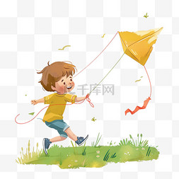 奔跑正能量图片_春天男孩放风筝手绘元素卡通