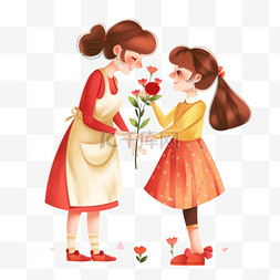 红色长围裙图片_妈妈妇女节鲜花孩子手绘免抠元素