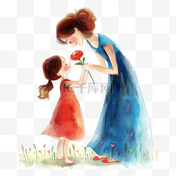 妇女节背景红色图片_妇女节孩子送妈妈鲜花卡通元素