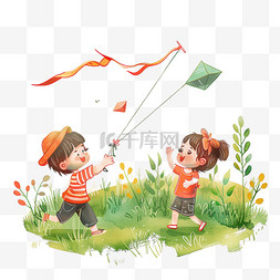 爸妈和孩子图片_春天元素放风筝孩子手绘免抠