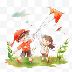 春天放风筝孩子元素手绘免抠