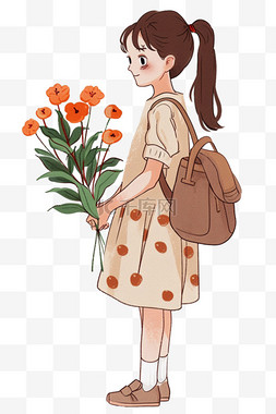 一束橙色花图片_妇女节手绘元素女人拿着鲜花卡通