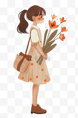 包包背景图片_女人拿着鲜花妇女节卡通手绘元素