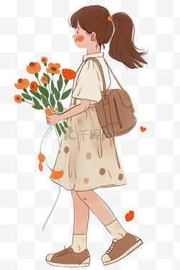 一束橙色花图片_妇女节卡通女人拿着鲜花手绘元素