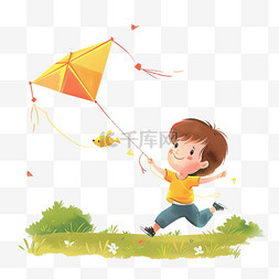 春天男孩放风筝手绘卡通元素
