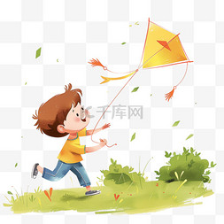 卡通春天男孩放风筝手绘元素