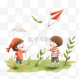条纹白色红色图片_手绘免抠春天放风筝孩子元素