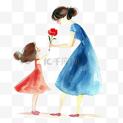妇女节背景红色图片_妇女节孩子送妈妈鲜花手绘元素卡