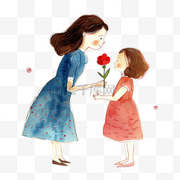 妇女节背景红色图片_妇女节手绘孩子送妈妈鲜花卡通元