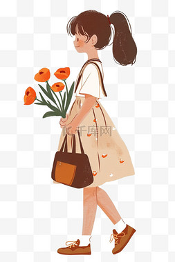包包背景图片_手绘妇女节元素女人拿着鲜花卡通