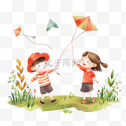 爸妈和孩子图片_春天放风筝孩子手绘免抠元素