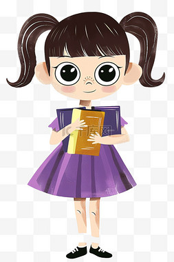 可爱女孩穿着紫色连衣裙手绘卡通