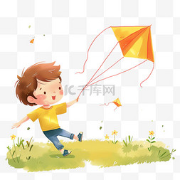 蓝色背景奔跑图片_春天男孩卡通手绘放风筝元素