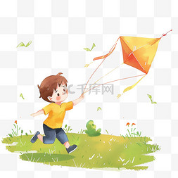春天男孩卡通放风筝手绘元素