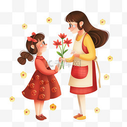 红色长围裙图片_妇女节手绘免抠妈妈鲜花孩子元素
