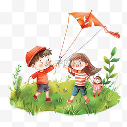 红色的风筝图片_放风筝孩子手绘春天免抠元素