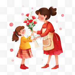 红色长围裙图片_手绘免抠妇女节妈妈鲜花孩子元素