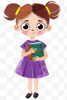 可爱女孩卡通穿着紫色连衣裙手绘