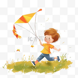 在大地上奔跑图片_春天手绘男孩放风筝卡通元素