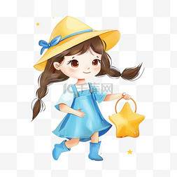 黄色小桶图片_卡通手绘可爱女孩拿着水桶星星元