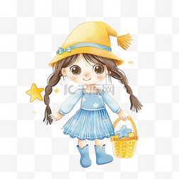 黄色背景星星图片_可爱女孩拿着水桶星星手绘元素卡