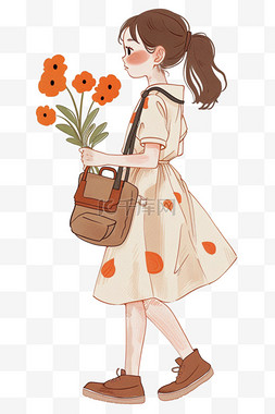 一束橙色花图片_妇女节女人拿着鲜花卡通手绘元素