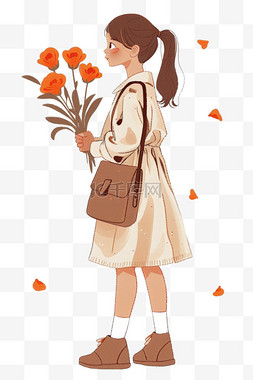 一束橙色花图片_卡通妇女节女人拿着鲜花手绘元素