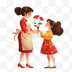 红色长围裙图片_妇女节妈妈鲜花孩子免抠手绘元素
