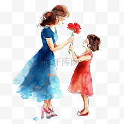 妇女节背景红色图片_妇女节孩子送妈妈鲜花元素卡通手