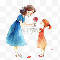 妇女节背景红色图片_妇女节元素孩子送妈妈鲜花卡通手