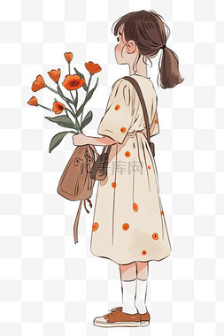 一束橙色花图片_妇女节女人拿着手绘元素鲜花卡通