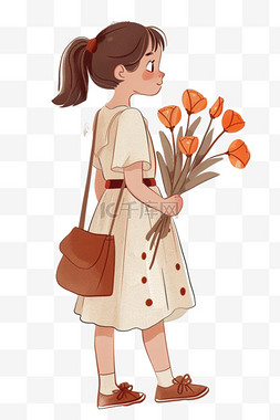 一束橙色花图片_妇女节女人拿着鲜花手绘卡通元素