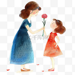 卡通手绘母女图片_元素妇女节孩子送妈妈鲜花卡通手