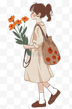 包包手绘图片_妇女节手绘女人拿着鲜花卡通元素