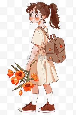 背着包包图片_妇女节卡通手绘女人拿着鲜花元素
