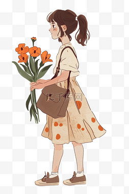 一束橙色花图片_女人拿着鲜花卡通妇女节手绘元素
