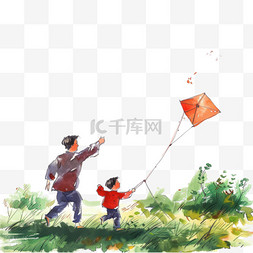 放风筝背景图片_元素春天手绘父子草丛放风筝