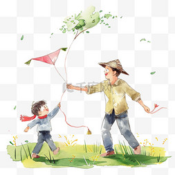 春天元素父子草丛放风筝手绘