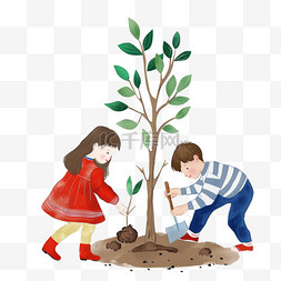 扶着孩子图片_植树节一家人手绘插画元素植树