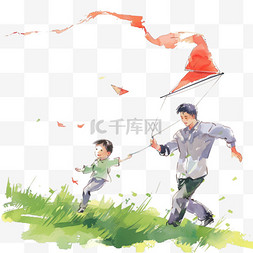 父子背景图片_春天父子草丛手绘元素放风筝