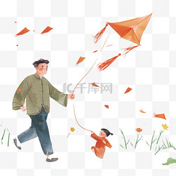 父亲和孩子手绘图片_春天父子草丛放风筝元素手绘